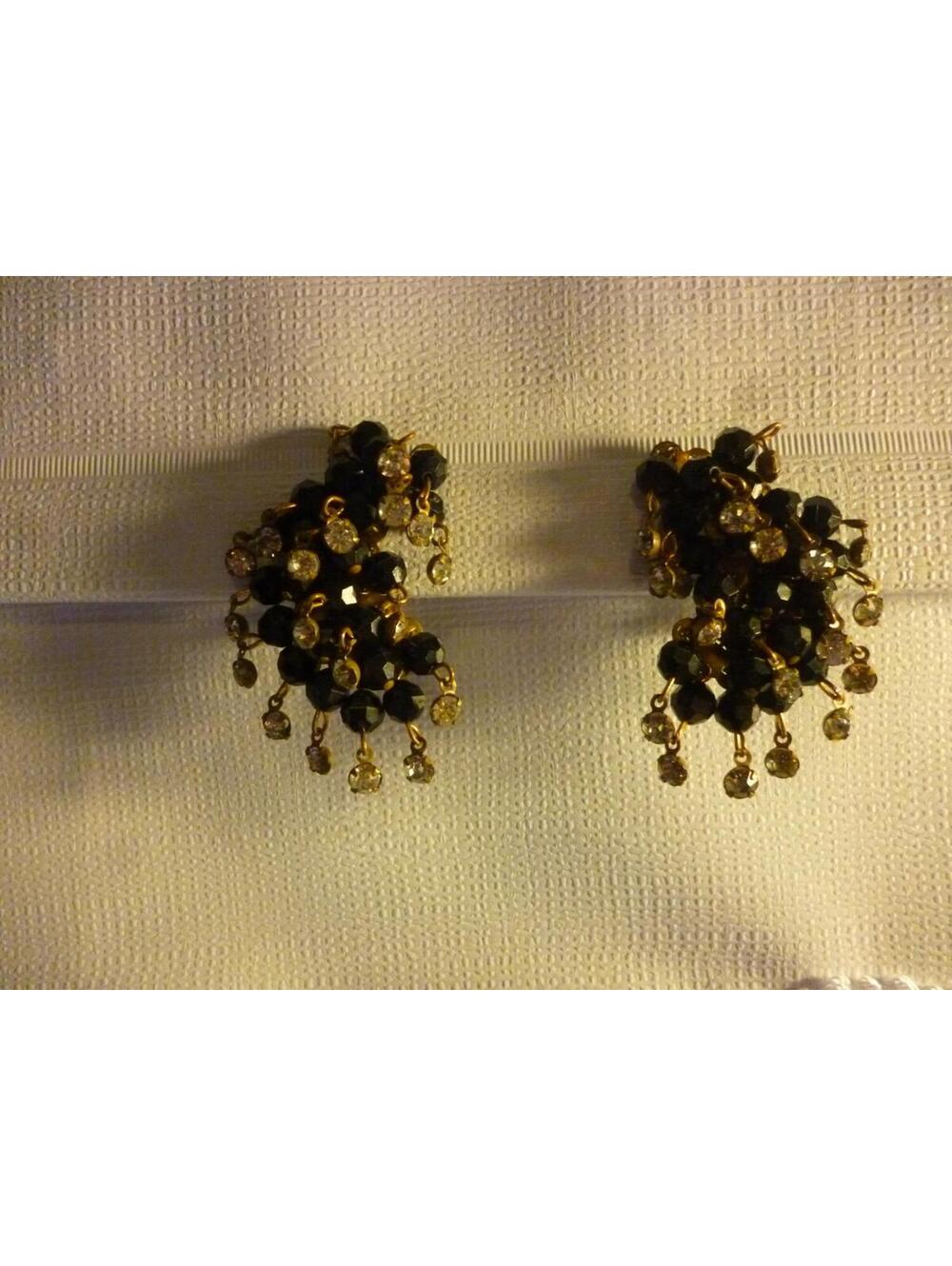 Huge 1930s Era Black Bead & Rhinestone Clip-On Earrings
